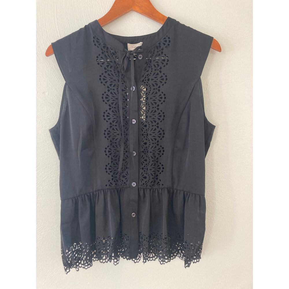 Temperley London Women's Black Jacques Tie Button Front Blouse Top 12 Eyelet - Picture 12 of 13